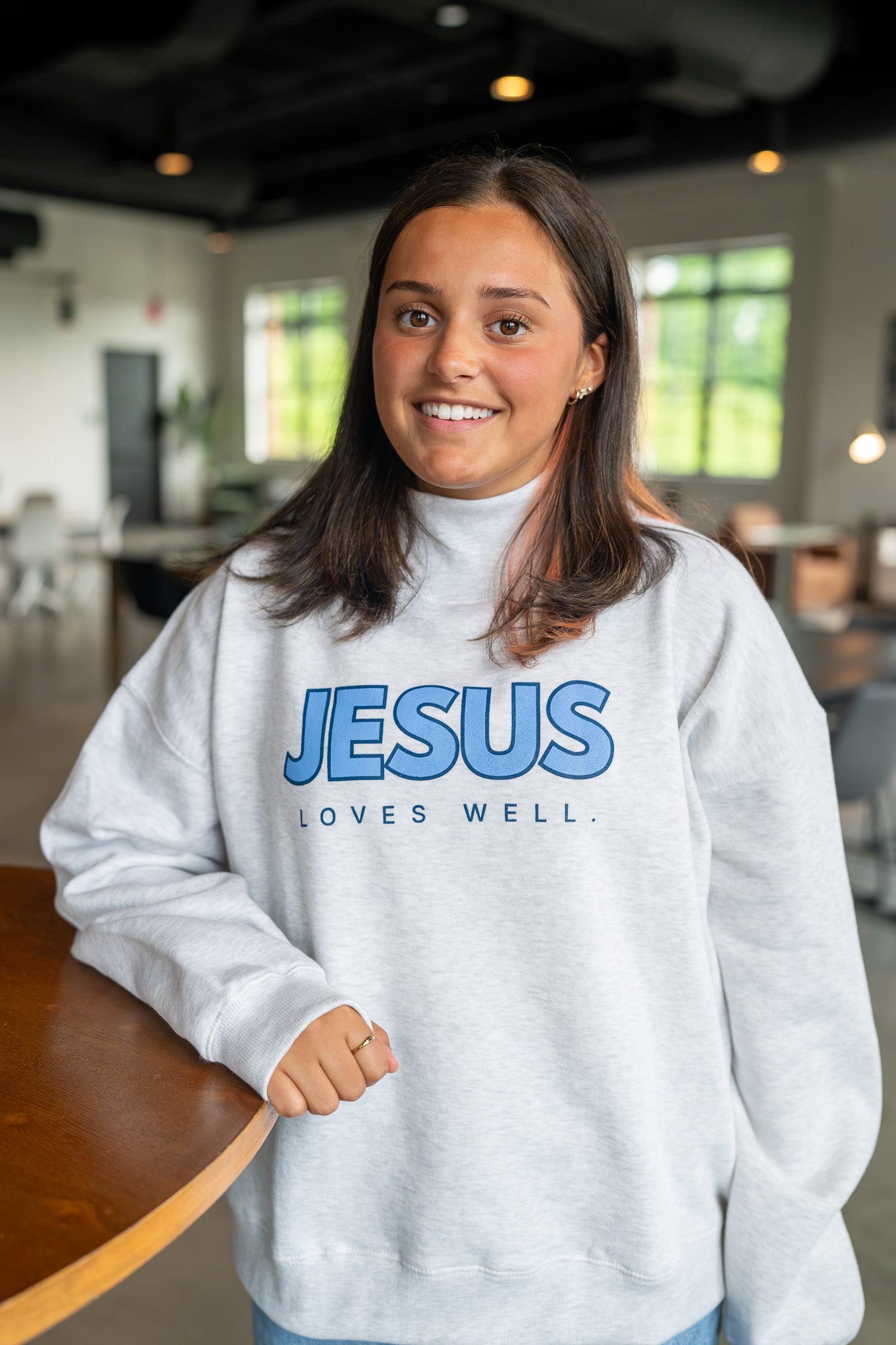 Gray/Blue Jesus Loves Well Mock Neck Sweatshirt