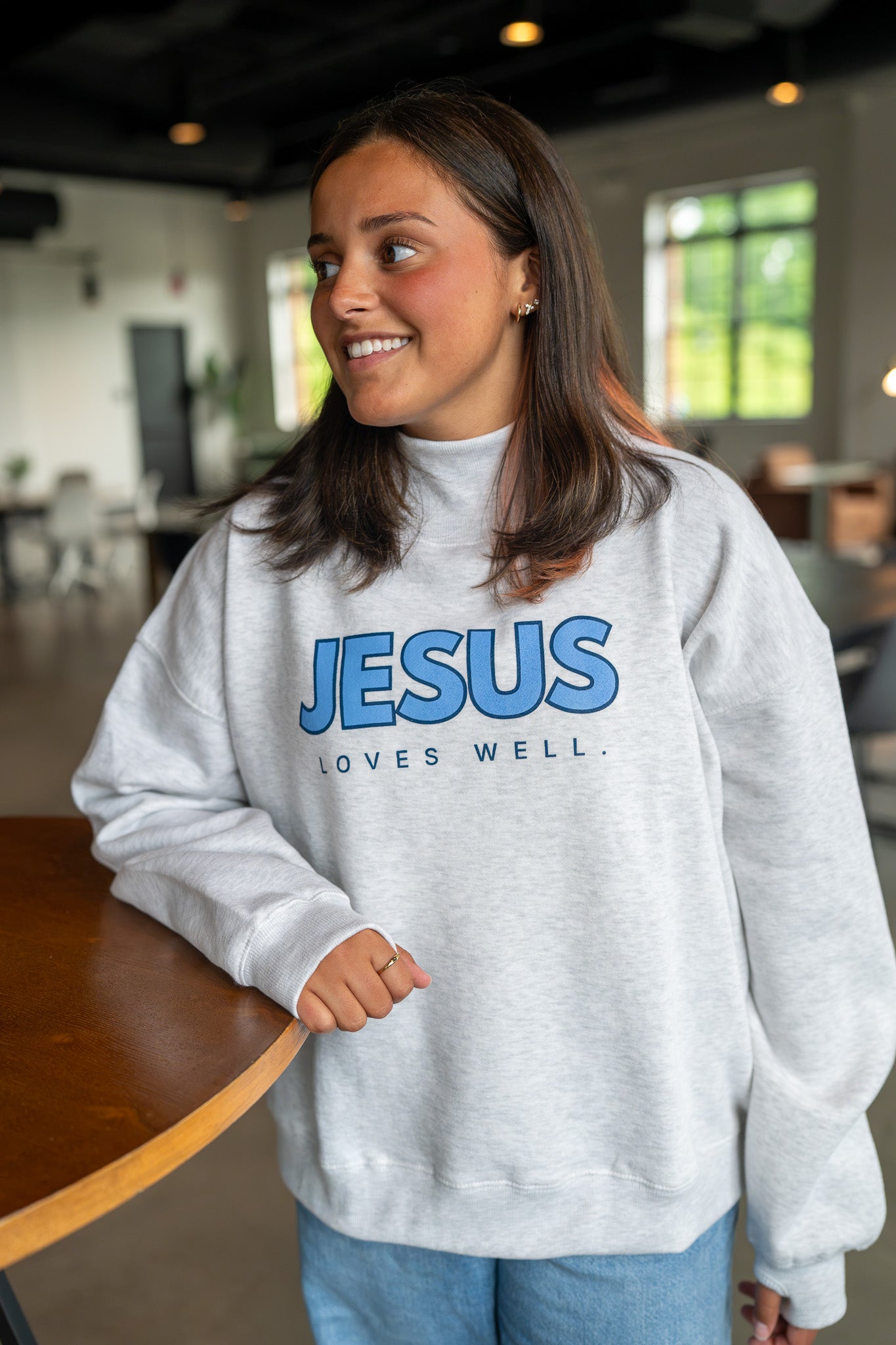 Gray/Blue Jesus Loves Well Mock Neck Sweatshirt