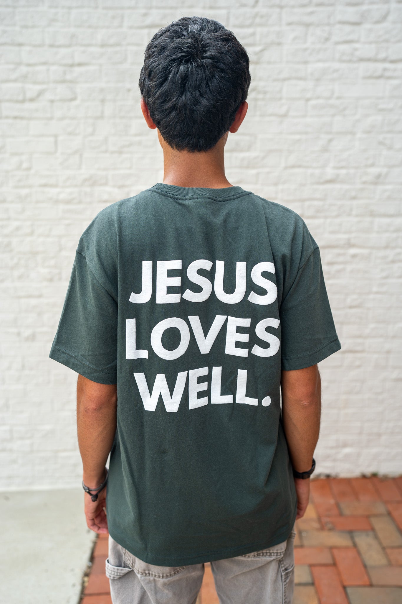 Hunter Green Jesus Loves Well Cross Tee