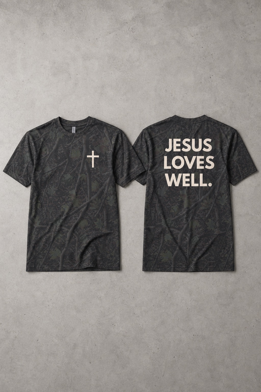 Dark Camo Jesus Loves Well Cross Tee