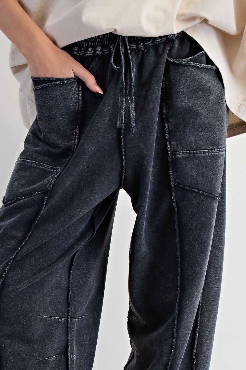 MINERAL WASHED TERRY KNIT BARREL PANTS