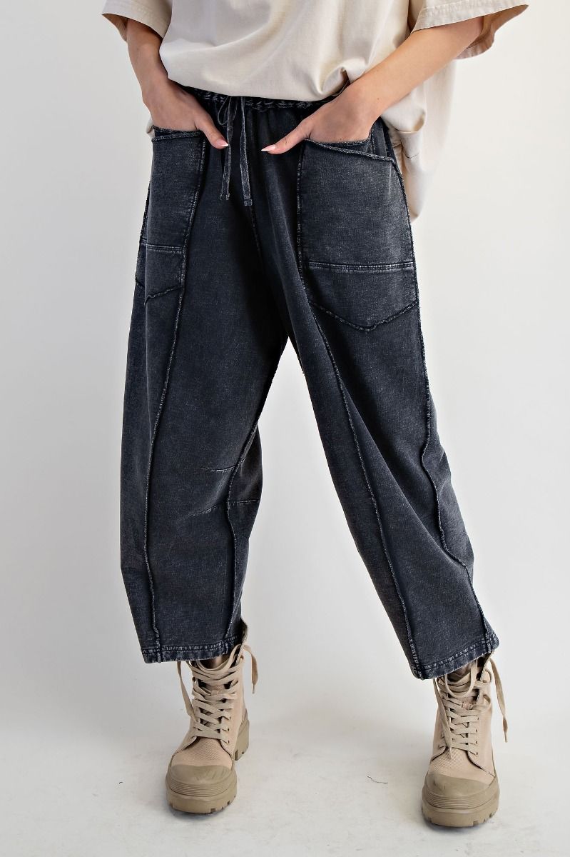 MINERAL WASHED TERRY KNIT BARREL PANTS