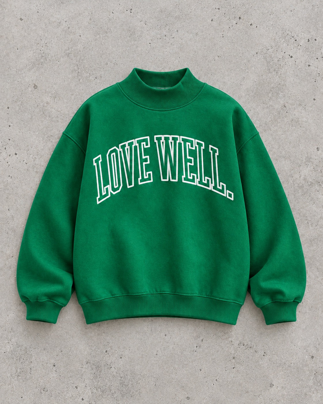 Love Well Applique Mock Neck Sweatshirt in Kelly Green, flat lay