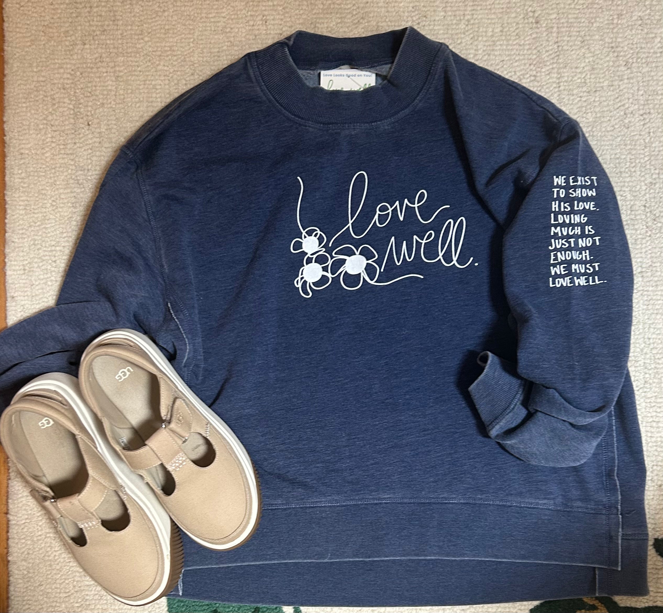 Love Well Big Flower Boxy Mock Neck in Navy