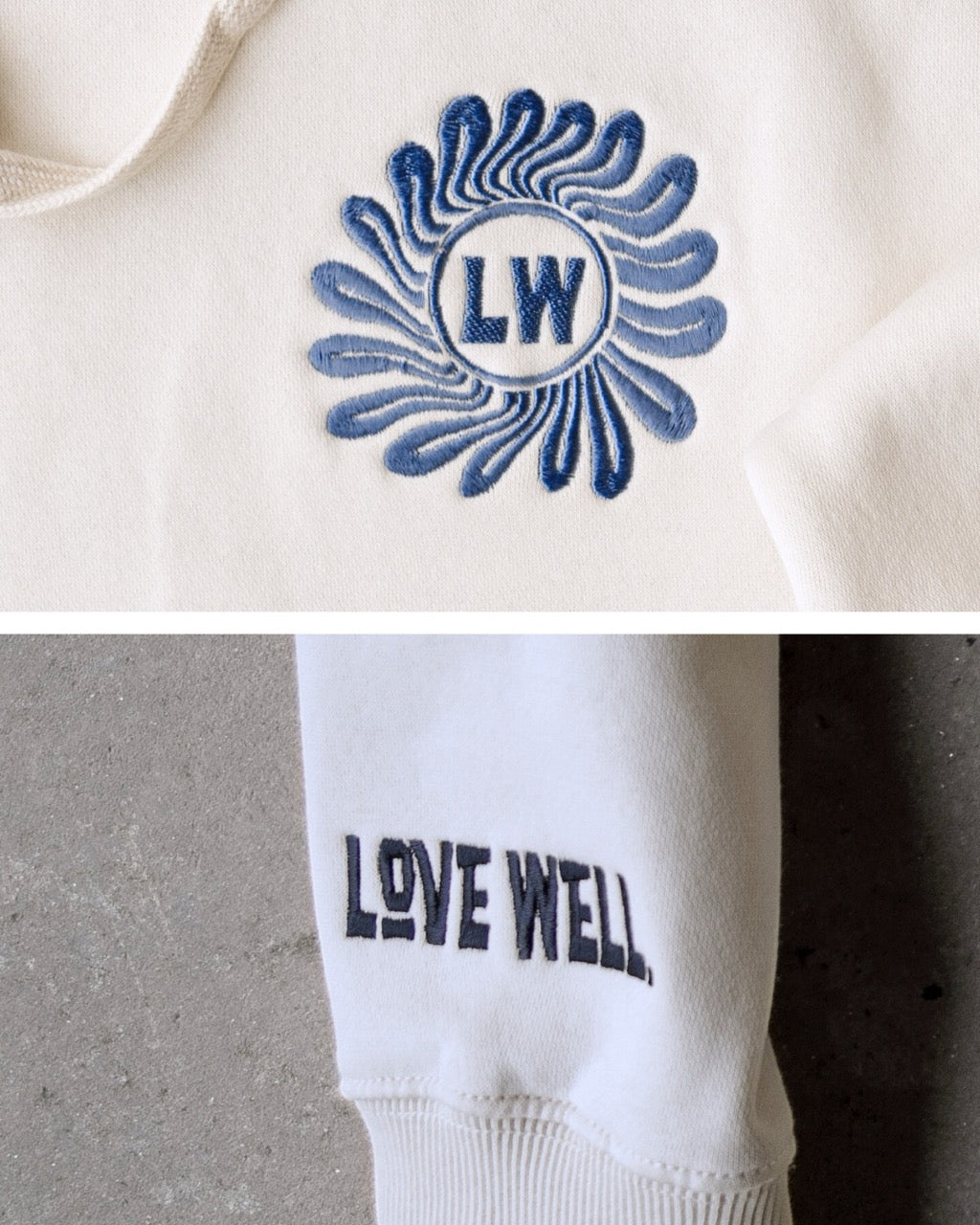Love Well Embroidered Back Hoodie in Ivory/Blue