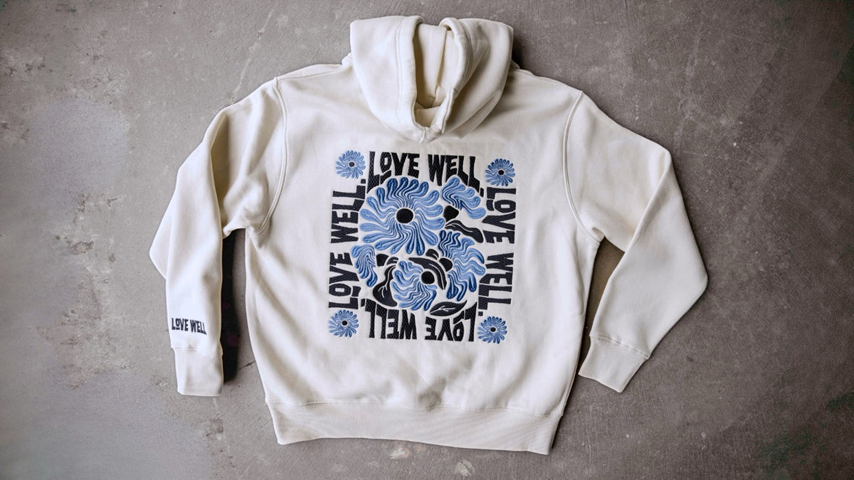 Love Well Embroidered Back Hoodie in Ivory/Blue
