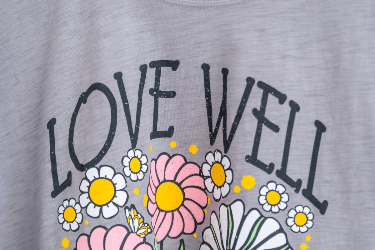 Love Well Flower Bouquet Boxy Tee in Gray, front view, close-up detail