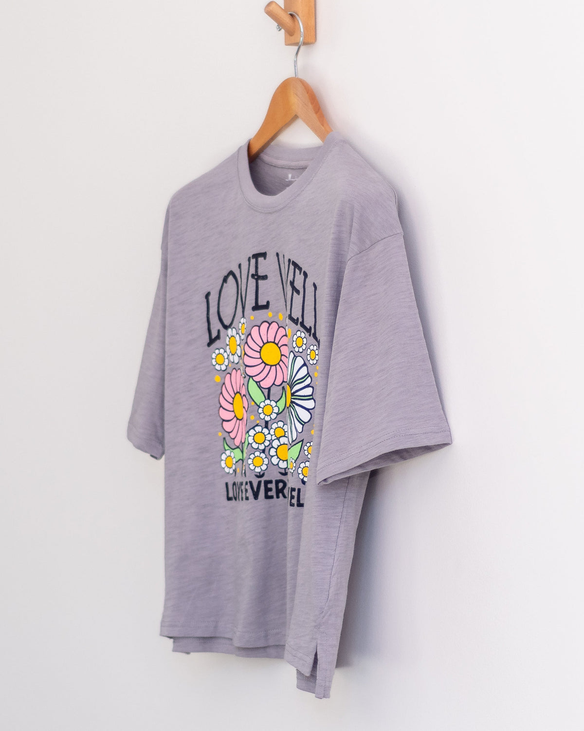 Love Well Flower Bouquet Boxy Tee in Gray, side view