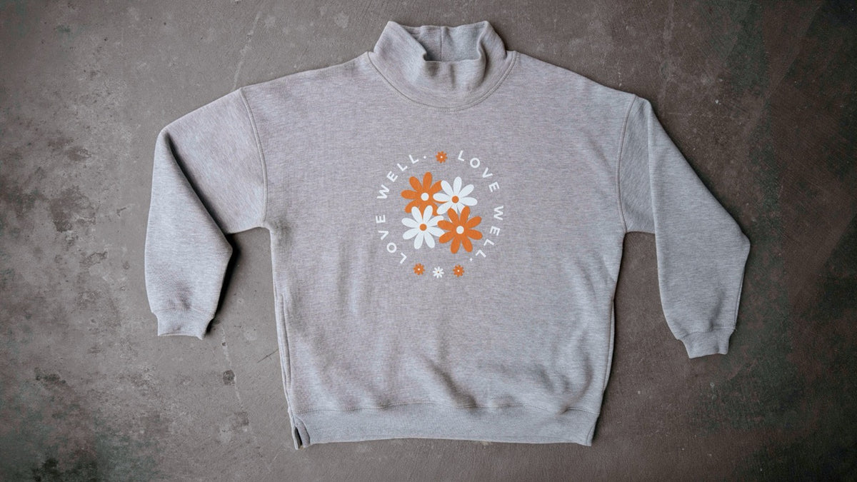 Love Well Flower Circle Mock Neck Sweatshirt in Tangerine/Gray