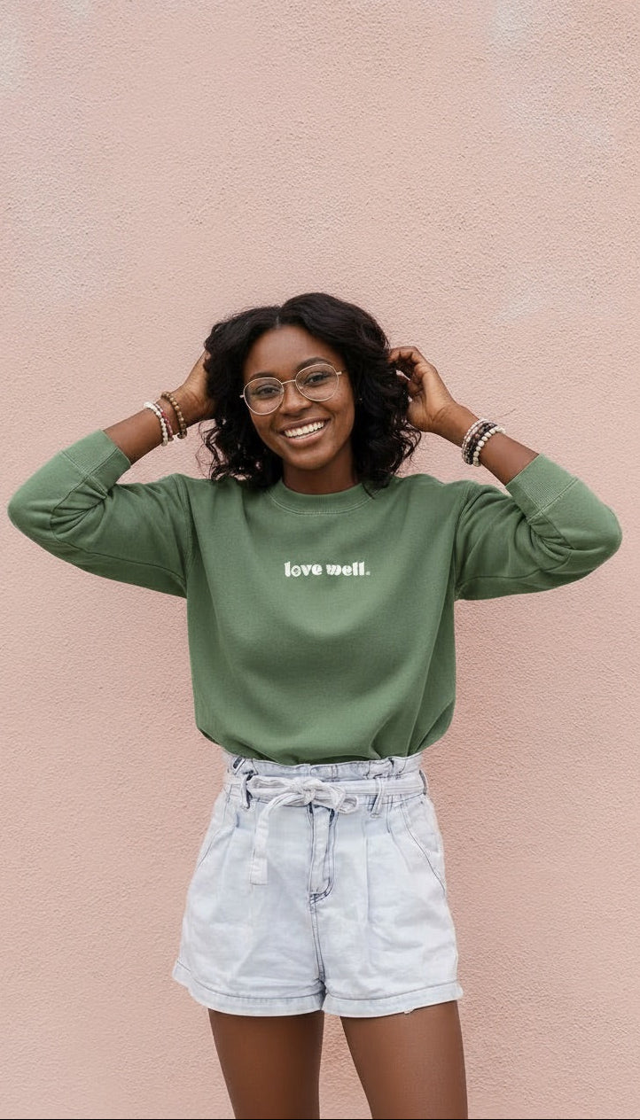 Love Well Groovy Daisy Mock Neck Sweatshirt in Sage Wash