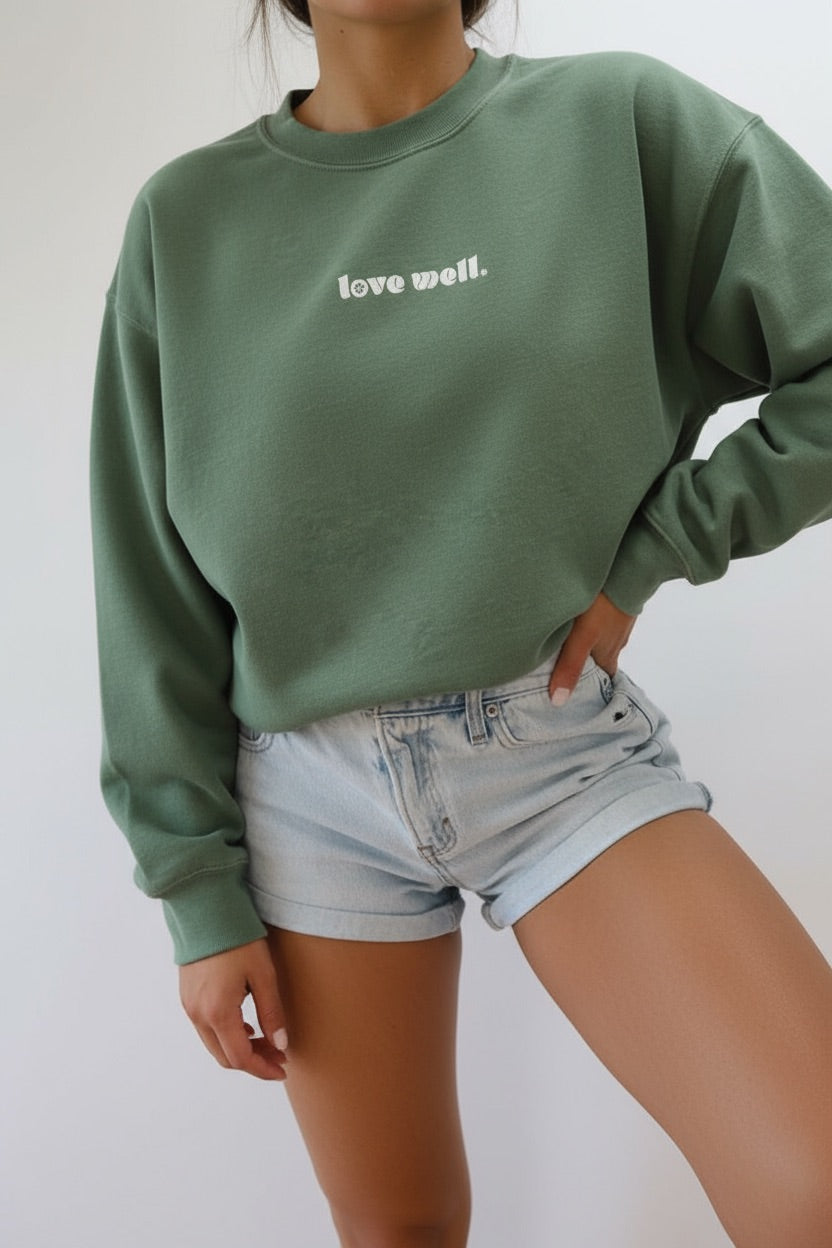 Love Well Groovy Daisy Mock Neck Sweatshirt in Sage Wash