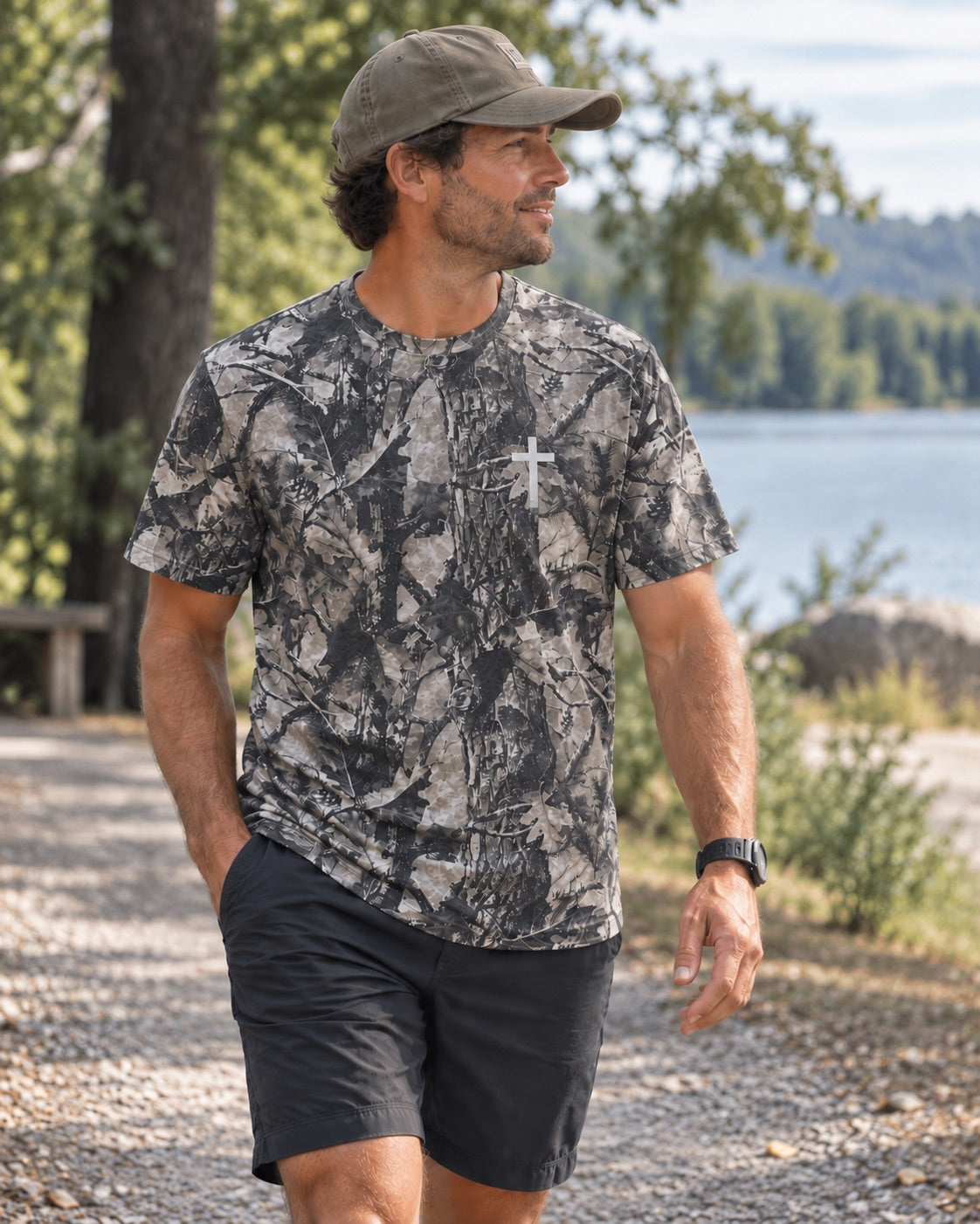 Love Well Jesus Loves Well Chest Cross Boxy Tee in Greywood Camo, front view