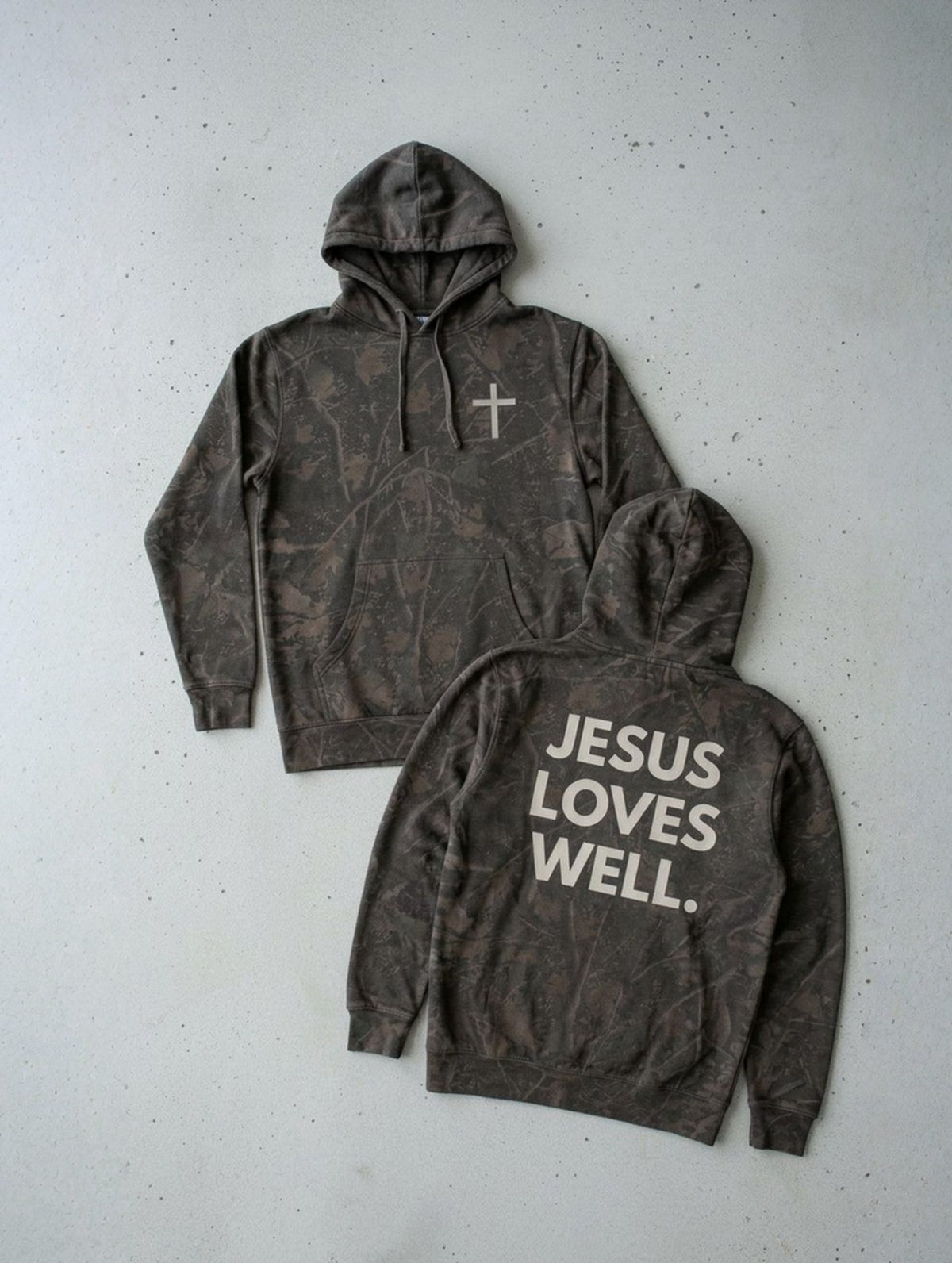 Love Well Jesus Loves Well Chest Cross Hoodie in Darkwood Camo