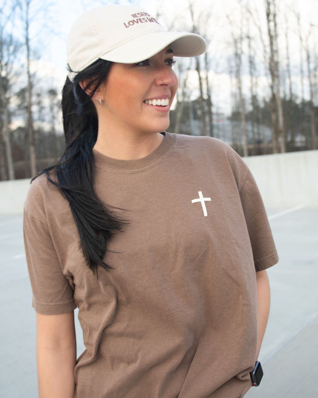 Love Well Jesus Loves Well Chest Cross Tee in Espresso