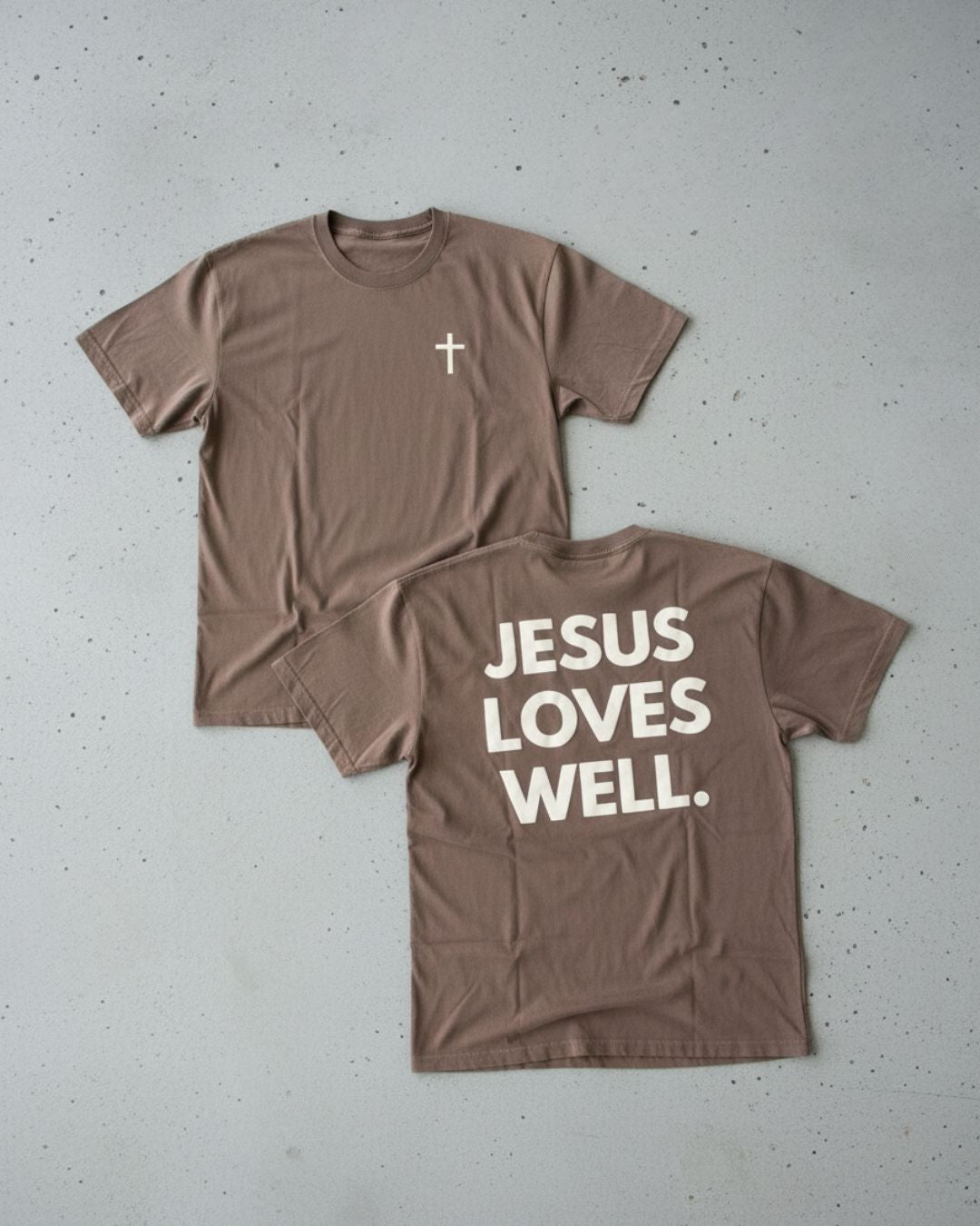 Love Well Jesus Loves Well Chest Cross Tee in Espresso