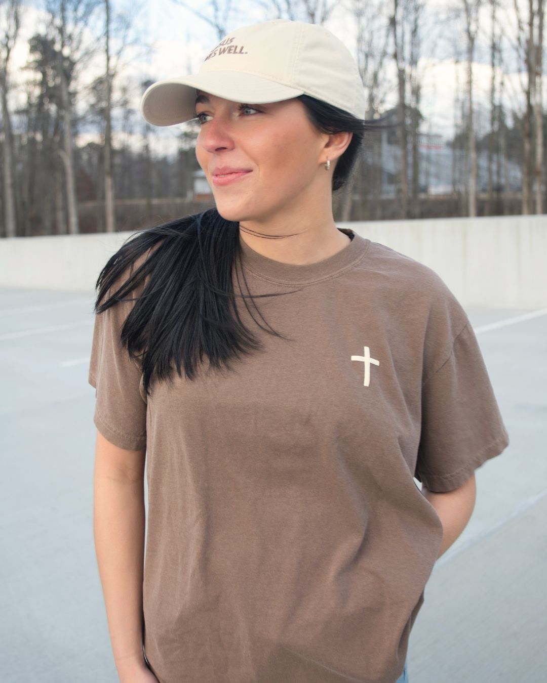 Love Well Jesus Loves Well Chest Cross Tee in Espresso