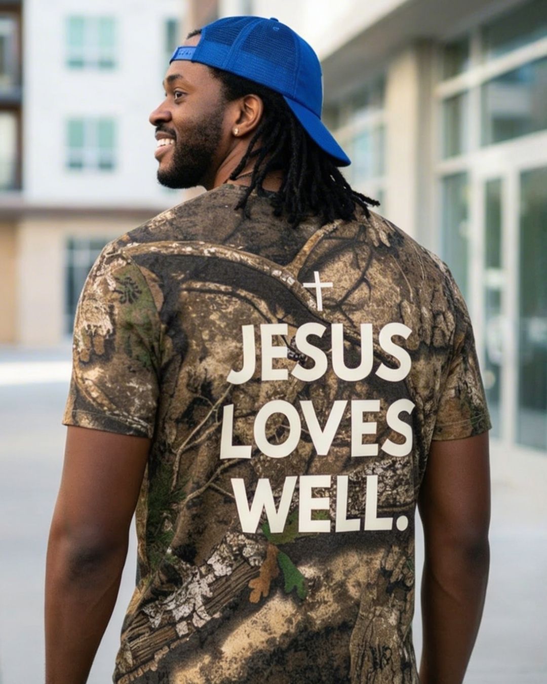 Love Well Jesus Loves Well Chest Cross Tee in Realwood Camo