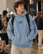 Love Well Jesus Loves Well JLW Monogram Hoodie in Light Blue, on model