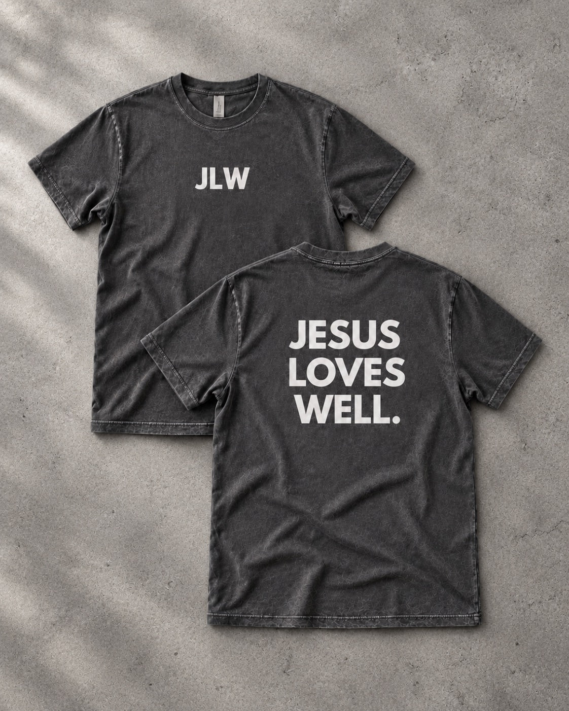 Love Well Jesus Loves Well JLW Monogram Tee in Pepper, flat lay