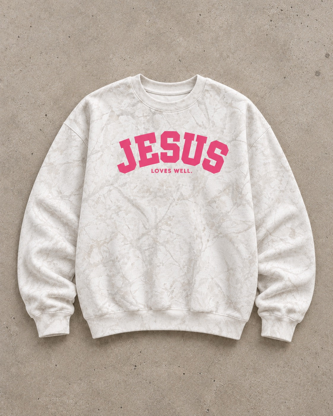 Love Well Jesus Loves Well Pink Wordmark Crewneck in Whitewood Camo, flat lay