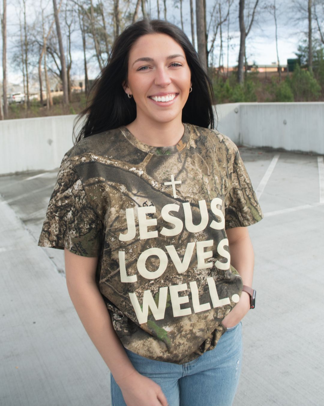 Love Well Jesus Loves Well Stacked Tee in Realwood Camo