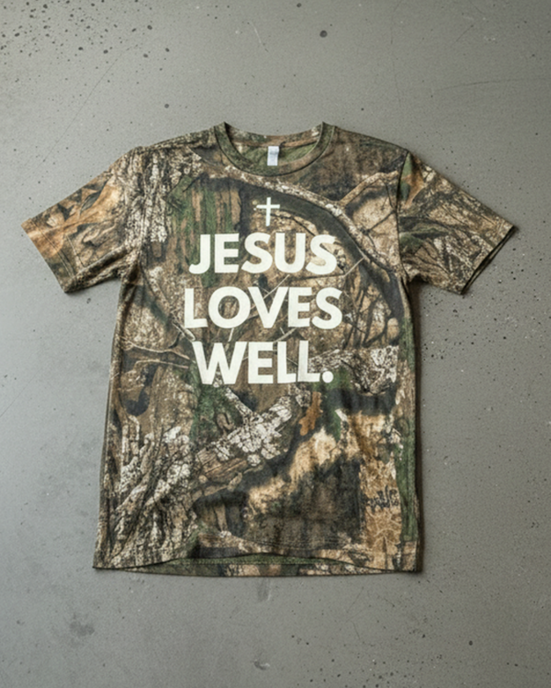 Love Well Jesus Loves Well Stacked Tee in Realwood Camo