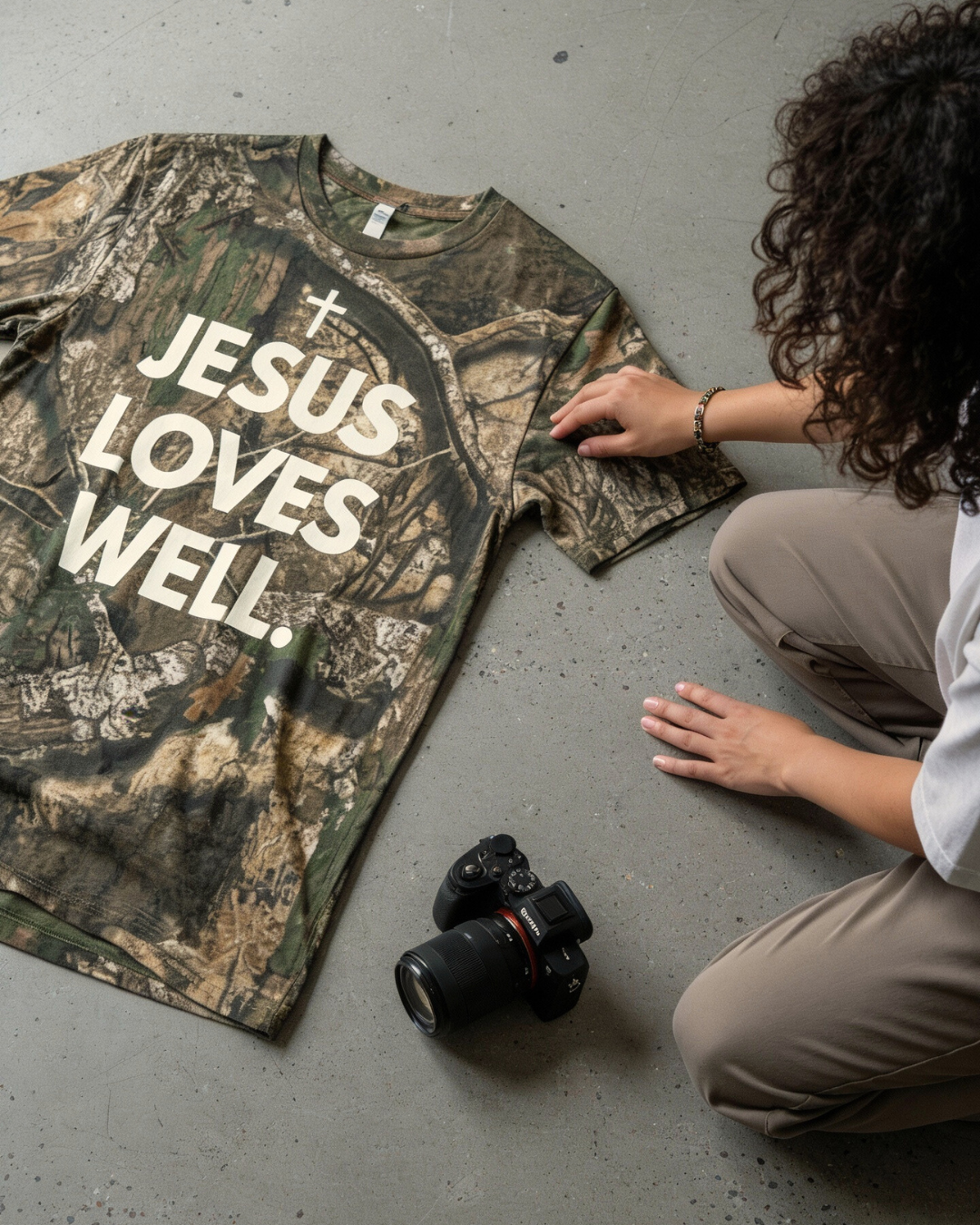 Love Well Jesus Loves Well Stacked Tee in Realwood Camo