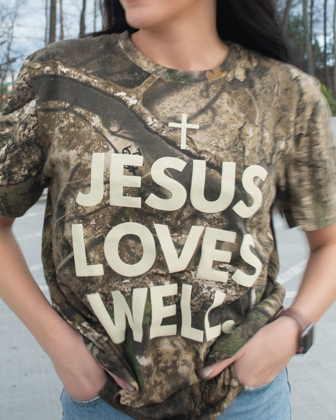 Love Well Jesus Loves Well Stacked Tee in Realwood Camo