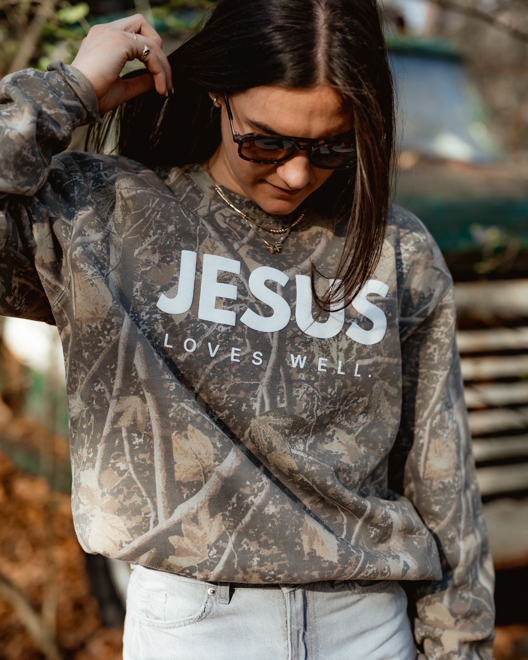 Love Well Jesus Loves Well Wordmark Crewneck in Deadwood Camo