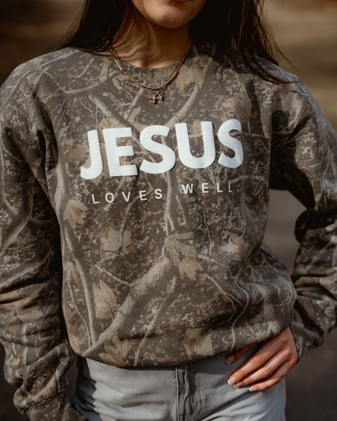Love Well Jesus Loves Well Wordmark Crewneck in Deadwood Camo