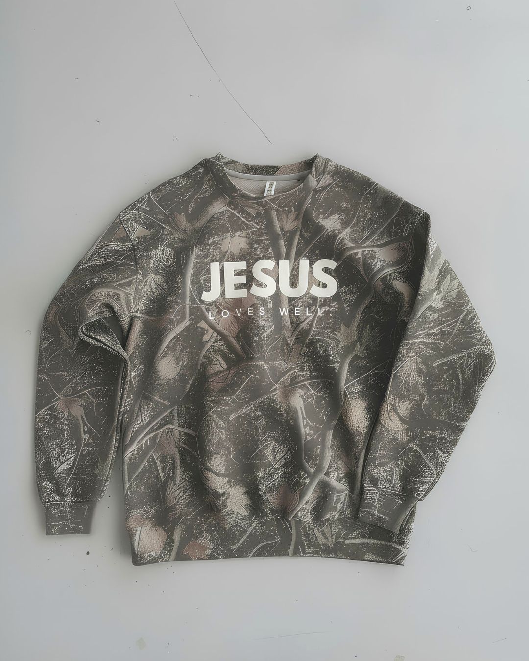 Love Well Jesus Loves Well Wordmark Crewneck in Deadwood Camo