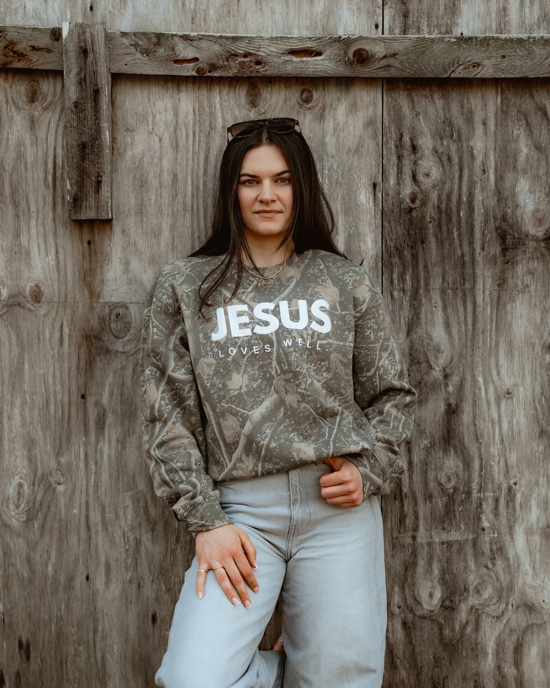 Love Well Jesus Loves Well Wordmark Crewneck in Deadwood Camo