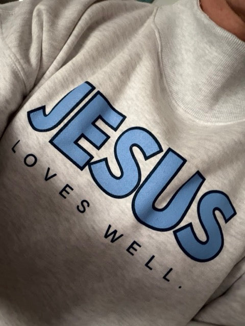 Love Well Jesus Loves Well Wordmark Mock Neck Sweatshirt in Gray/Blue