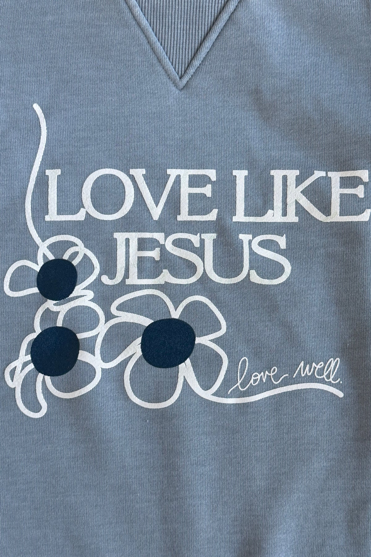 Love Well Love Like Jesus Floral Hi-Lo Crew Sweatshirt in Faded Denim