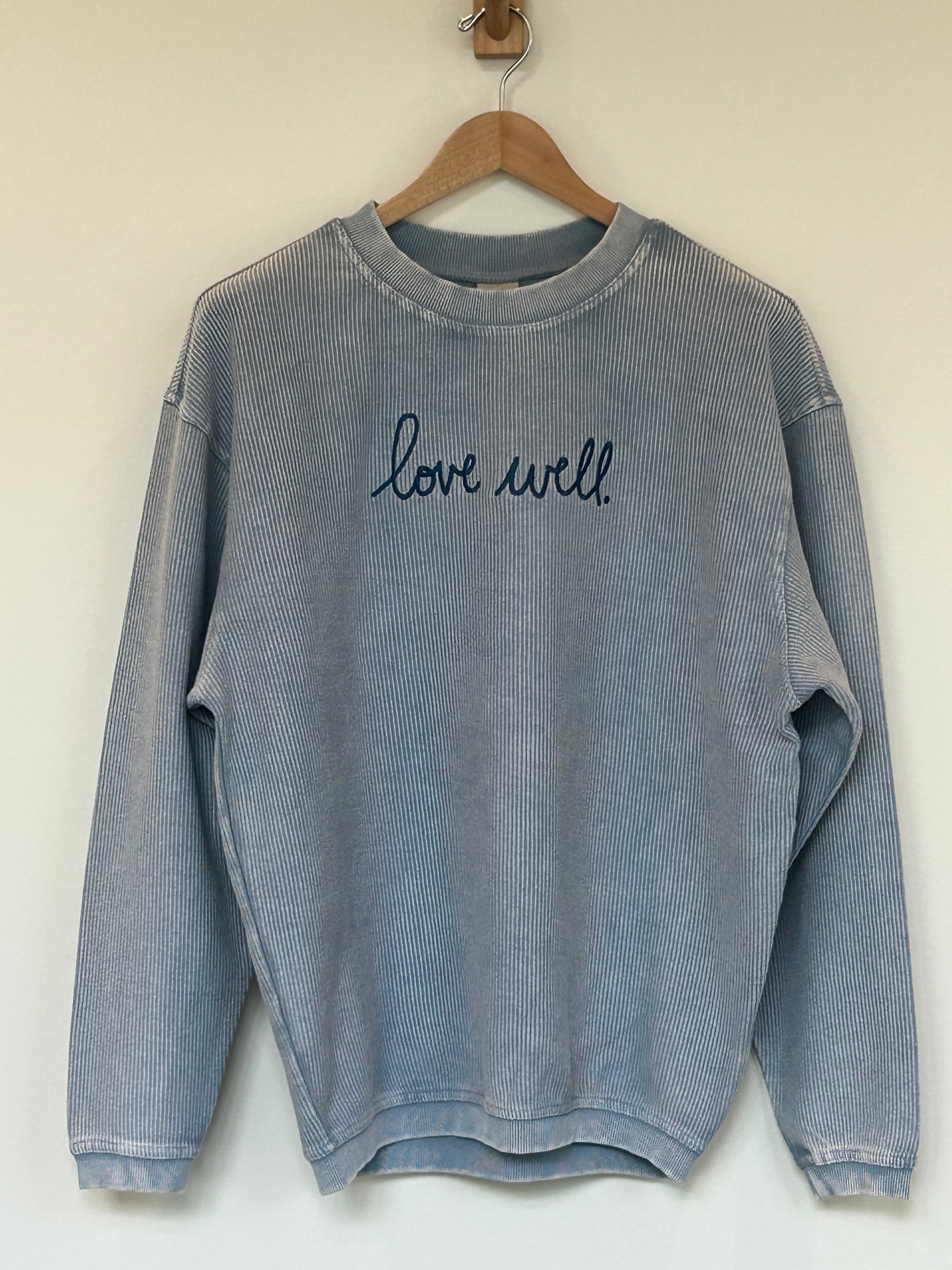Love Well Original Script Corded Crew in Faded Denim