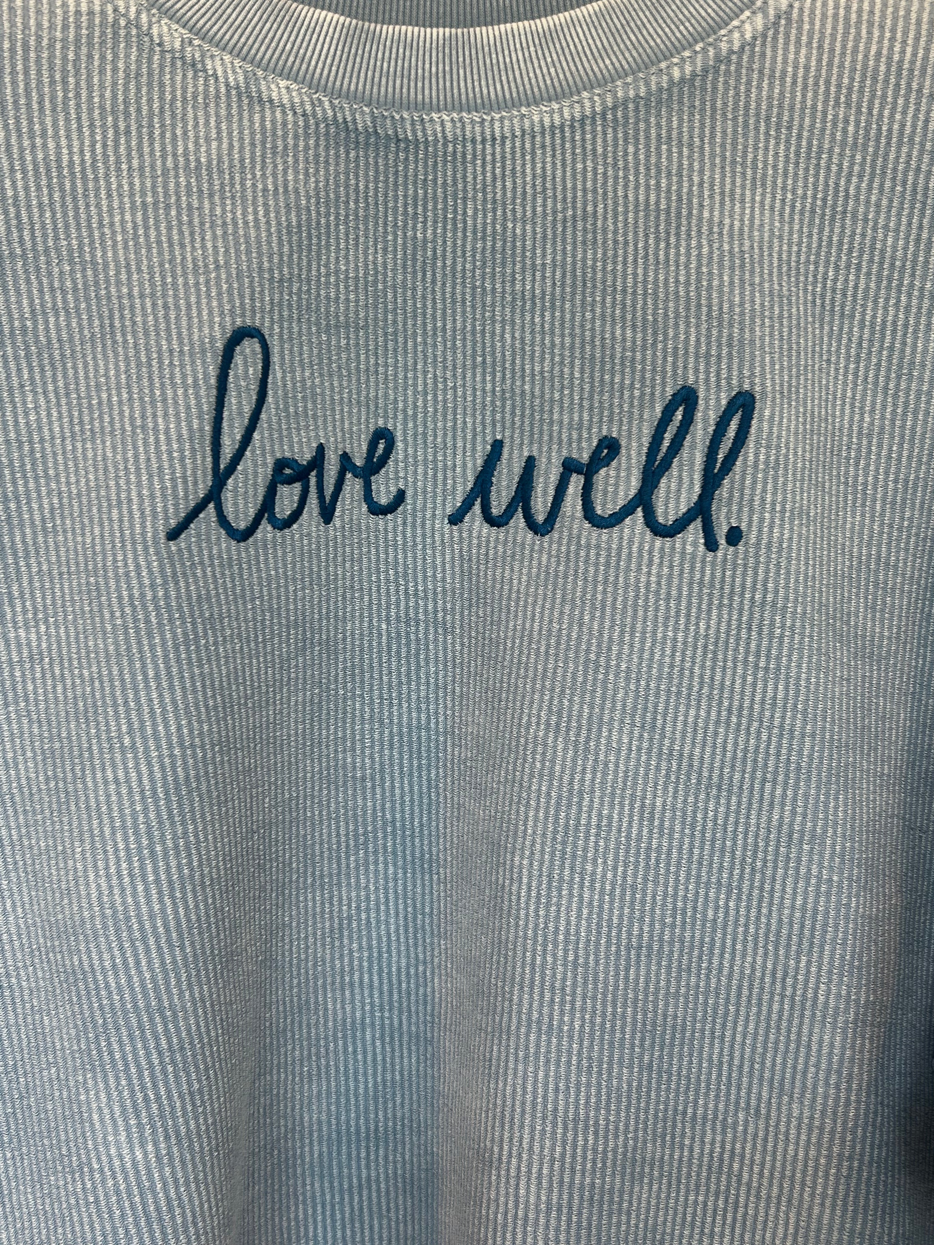 Love Well Original Script Corded Crew in Faded Denim