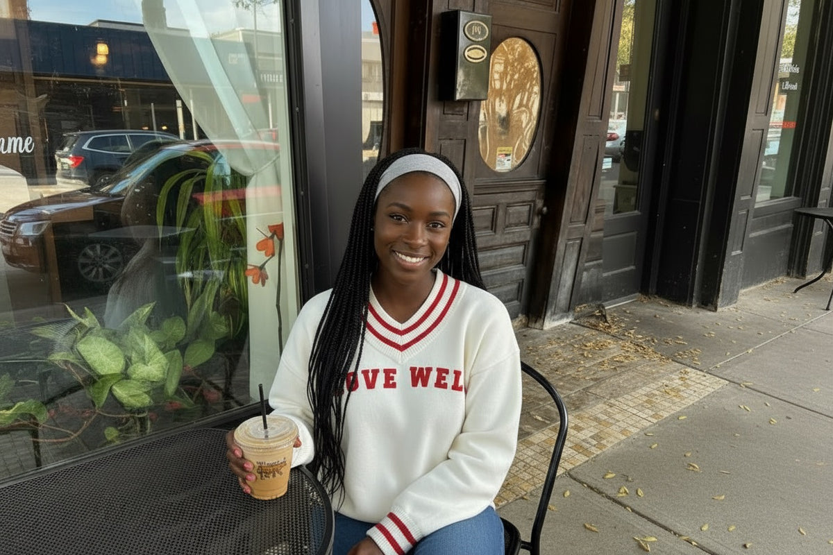 Love Well Vintage Ivy Varsity V-Neck Sweatshirt in Red