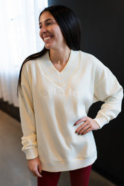 Love Well Vintage Ivy Varsity V-Neck Sweatshirt in White