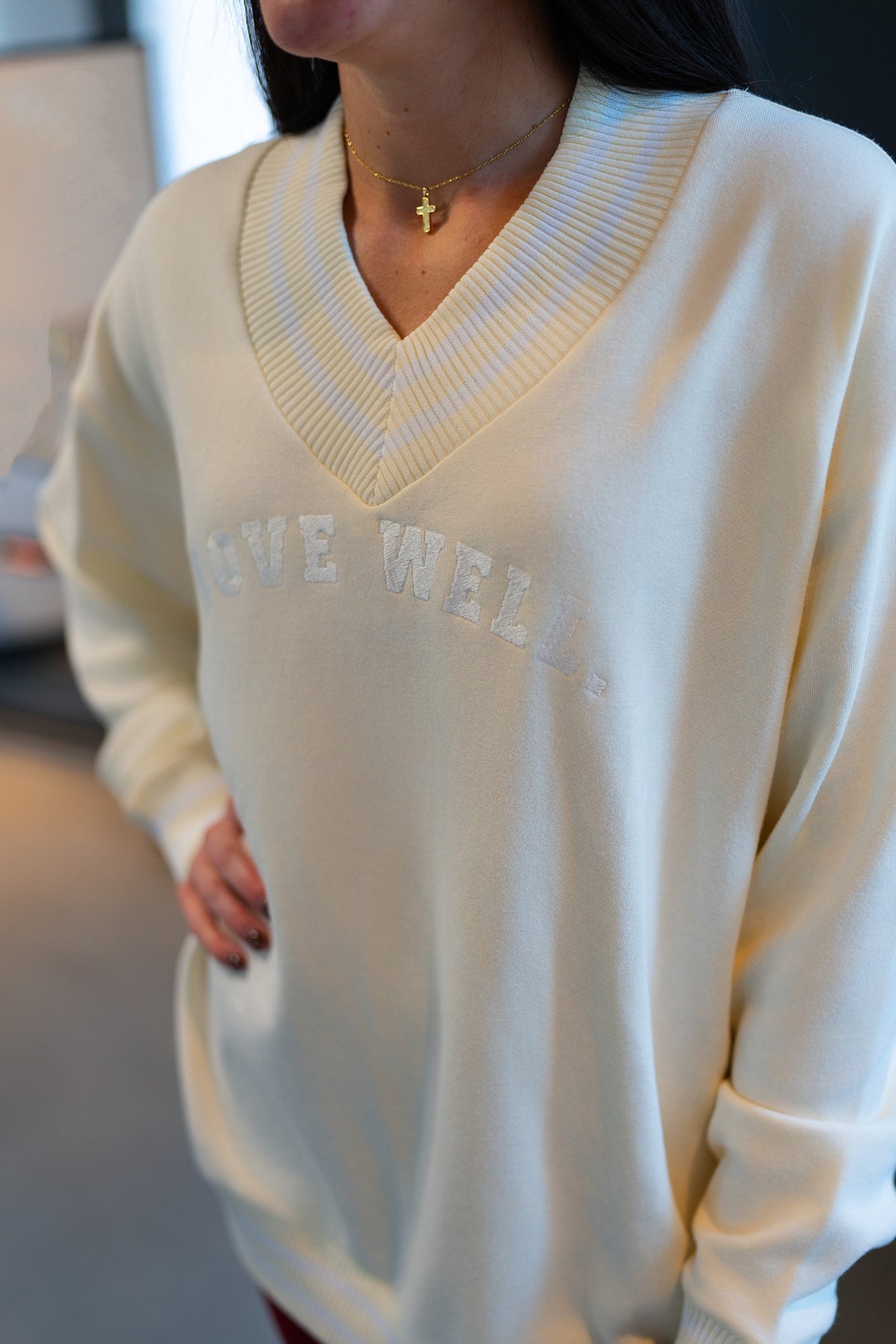 Love Well Vintage Ivy Varsity V-Neck Sweatshirt in White