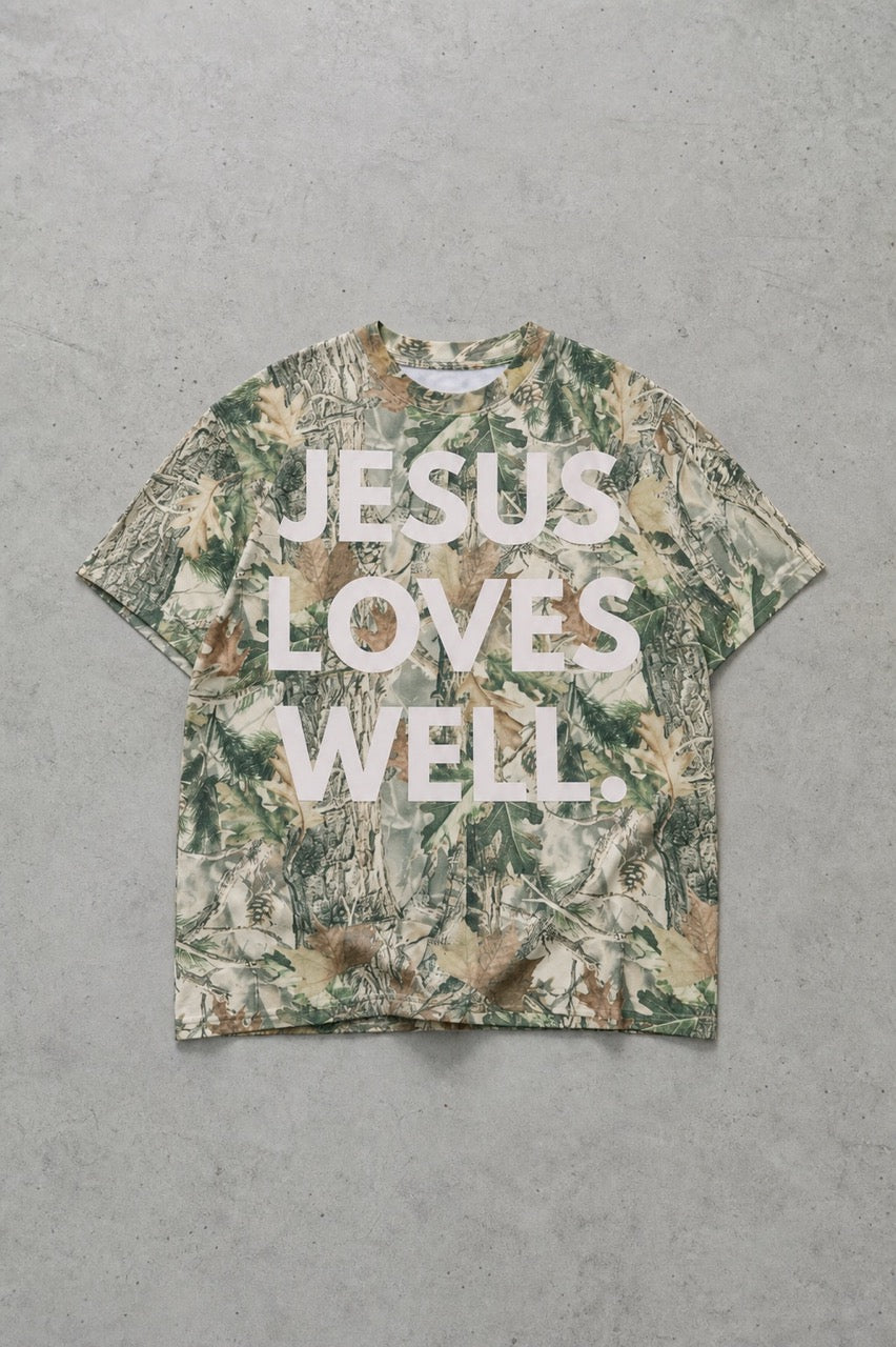 Vintage Wood Camo Jesus Loves Well- Front