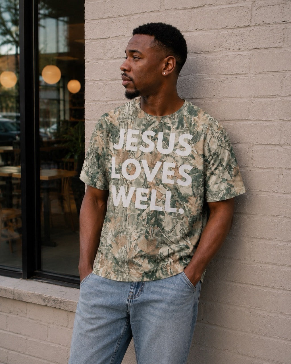Vintage Wood Camo Jesus Loves Well- Front